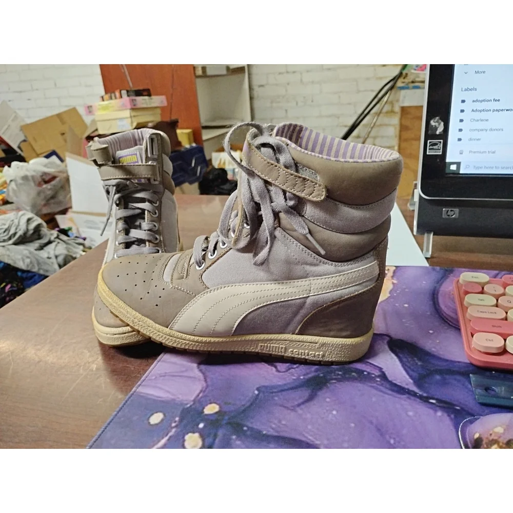 Puma Contact‎ Sky Sneaker Womens Size 6 Gray Suede Leather High Double Strap